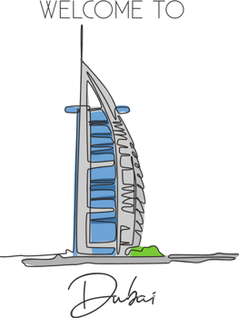 One single line drawing Burj Al Arab landmark. World iconic famous place in Dubai, UAE. Tourism travel postcard and home decor wall art concept. Vector illustration png