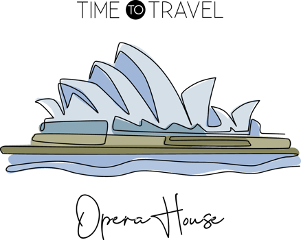 Single continuous line drawing Opera House landmark. Iconic theater place in Sydney, Australia. World travel home decor wall art poster print concept. Vector illustration graphic draw design png