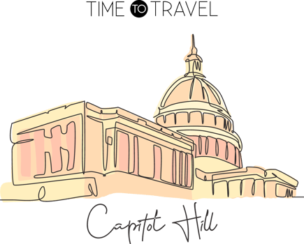 Single continuous line drawing Capitol Hill landmark. Iconic famous place in Washington DC, USA. World travel home wall decor art poster print concept. Modern one line draw design vector illustration png