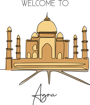 Single one line drawing Taj Mahal mosque. Beauty historical iconic place in Agra, India wall decor poster art. Tourism travel postcard concept. Modern continuous line draw design vector illustration png