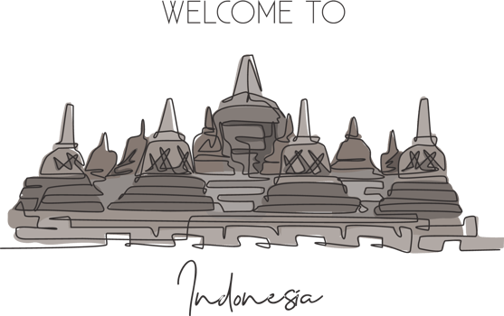 Single continuous line drawing Candi Borobudur Temple landmark. Beautiful famous place in Indonesia. World travel home wall decor poster print concept. Modern one line draw design vector illustration png