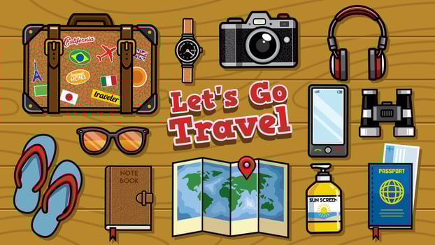 flat lay traveling objects set vector