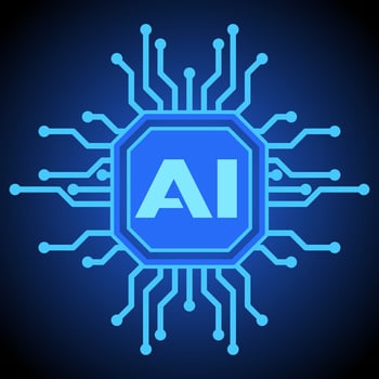 Artificial intelligence symbol vector illustration. Glowing blue chipset for artificial intelligence illustration. Chip icon for graphic resource of technology, futuristic, computer, cyber and science