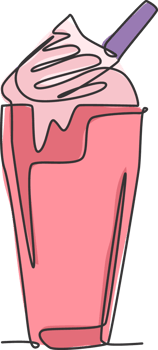 One single line drawing of fresh milkshake with whipped cream and wafer stick logo vector illustration. Cafe drink menu restaurant badge concept. Modern continuous line draw design drinking logotype png