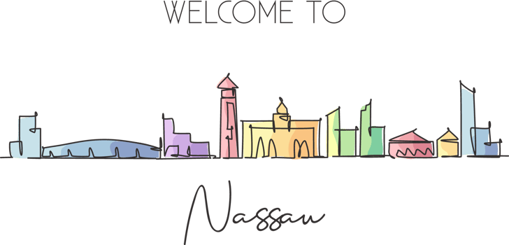 One continuous line drawing Nassau city skyline Bahamas. Beautiful landmark postcard print. World landscape tourism travel vacation. Editable stylish stroke single line draw design vector illustration png