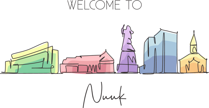 Single continuous line drawing Nuuk city skyline, Greenland. Famous city scraper landscape postcard. World travel destination concept. Editable stroke modern one line draw design vector illustration png