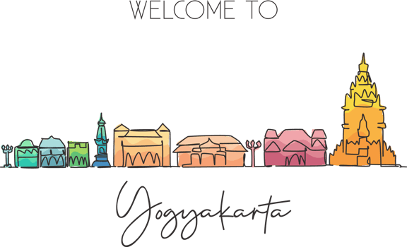 Single continuous line drawing Yogyakarta skyline, Indonesia. Famous city scraper landscape postcard. World travel destination concept. Editable stroke modern one line draw design vector illustration png