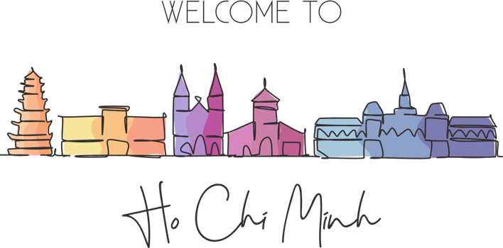 Single continuous line drawing Ho Chi Minh skyline, Vietnam. Famous city scraper landscape. World travel destination concept postcard. Editable stroke modern one line draw design vector illustration png