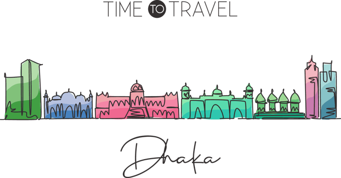 Single continuous line drawing Dhaka skyline, Bangladesh. Famous city scraper landscape home wall decor poster print. World travel destination concept. Modern one line draw design vector illustration png