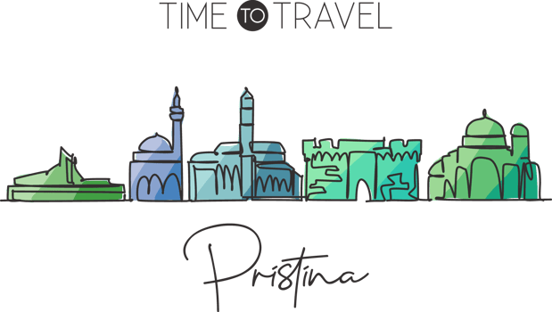 Single continuous line drawing Pristina skyline, Kosovo. Famous city scraper landscape. World travel destination wall home decor poster print concept. Modern one line draw design vector illustration png