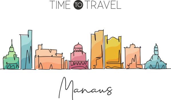 Single continuous line drawing of Manaus skyline, Brazil. Famous city scraper landscape wall home decor poster print. World travel destination concept. Modern one line draw design vector illustration png
