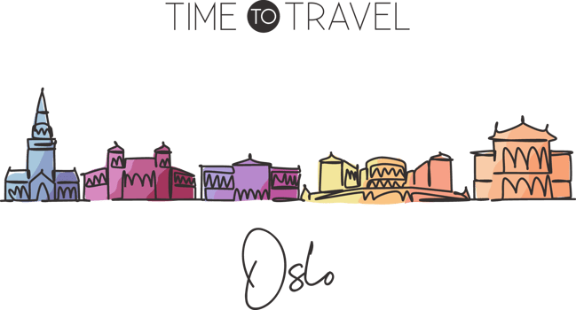 Single continuous line drawing of Oslo skyline Norway. Famous city scraper landscape home decor wall art poster print. World travel destination concept. Modern one line draw design vector illustration png