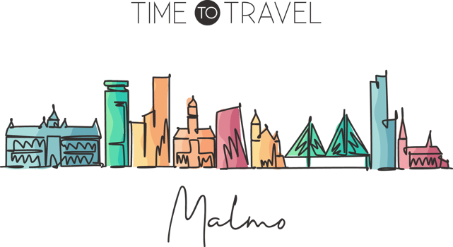 Single continuous line drawing of Malmo skyline, Sweden. Famous city scraper landscape. World travel destination home decor wall poster print concept. Modern one line draw design illustration png