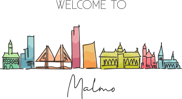 One continuous line drawing of Malmo city skyline, Sweden. Beautiful landmark postcard. World landscape tourism and travel vacation. Editable stylish stroke single line draw design vector illustration png
