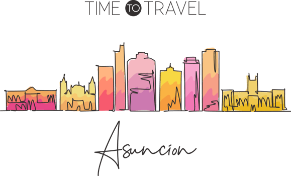 Single continuous line drawing Asuncion skyline, Paraguay. Famous city scraper landscape home wall decor poster print. World travel destination concept. Modern one line draw design vector illustration png