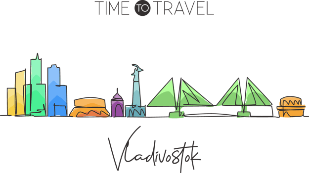 One continuous line drawing Vladivostok city skyline, Russia. Beautiful landmark home decor poster print. World landscape tourism travel vacation. Stylish single line draw design vector illustration png