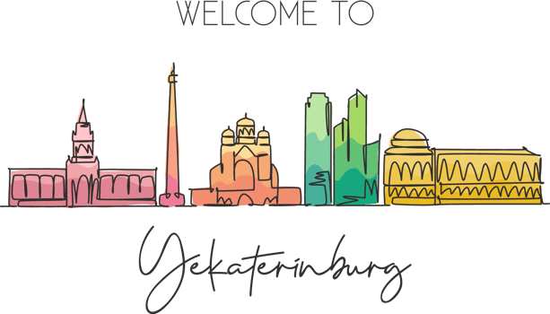 One continuous line drawing Yekaterinburg city skyline Russia. Beautiful landmark postcard. World landscape tourism travel vacation. Editable stylish stroke single line draw design vector illustration png