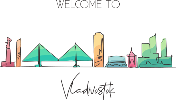 One single line drawing of Vladivostok city skyline, Russia. World town landscape postcard. Best place holiday destination. Editable stroke trendy continuous line draw design art vector illustration png