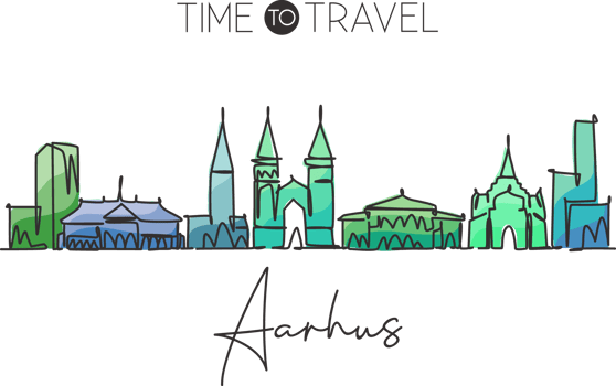 One continuous line drawing Aarhus city skyline, Denmark. Beautiful landmark home wall decor poster print. World landscape tourism travel vacation. Stylish single line draw design vector illustration png