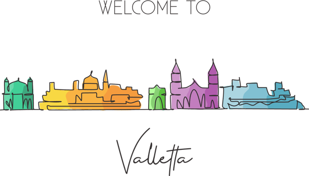 One continuous line drawing of Valletta city skyline, Malta. Beautiful landmark postcard. World landscape tourism travel vacation. Editable stylish stroke single line draw design vector illustration png