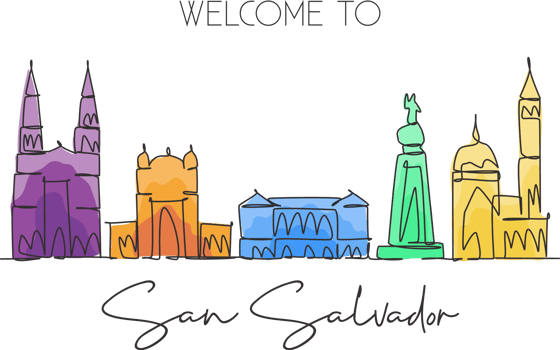 One continuous line drawing San Salvador city skyline, El Salvador. Beautiful landmark postcard. World landscape tourism travel vacation. Editable stroke single line draw design vector illustration png