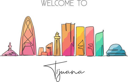 One continuous line drawing Tijuana city skyline, Mexico. Beautiful landmark postcard. World landscape tourism and travel vacation. Editable stylish stroke single line draw design vector illustration png
