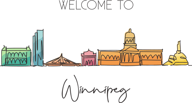 One single line drawing Winnipeg city skyline, Canada. World historical town landscape. Best place holiday destination postcard. Editable stroke trendy continuous line draw design vector illustration png