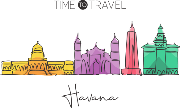 Single continuous line drawing Havana skyline, Cuba. Famous city scraper landscape. World travel destination home wall decor poster print art concept. Modern one line draw design vector illustration png