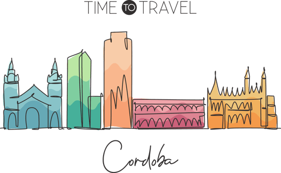 Single continuous line drawing of Cordoba city skyline, Argentina. Famous city scraper landscape postcard print art. World travel destination concept. Modern one line draw design vector illustration png