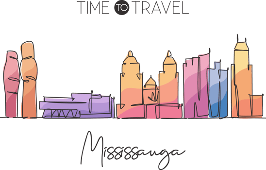 One continuous line drawing Mississauga city skyline, Canada. Beautiful landmark postcard. World landscape tourism travel vacation. Editable stylish stroke single line draw design vector illustration png
