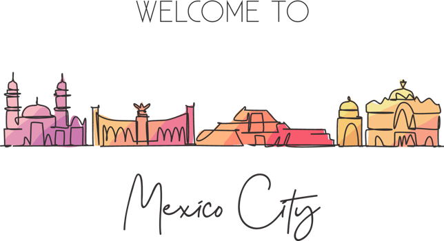 Single continuous line drawing Mexico skyline, Mexico. Famous city scraper landscape. World travel destination postcard print concept. Editable stroke modern one line draw design vector illustration png