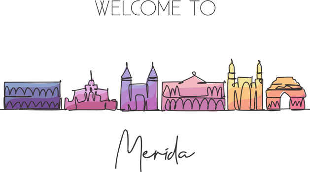 One continuous line drawing Merida city skyline, Mexico. Beautiful landmark postcard print. World landscape tourism travel vacation. Editable stylish stroke single line draw design vector illustration png