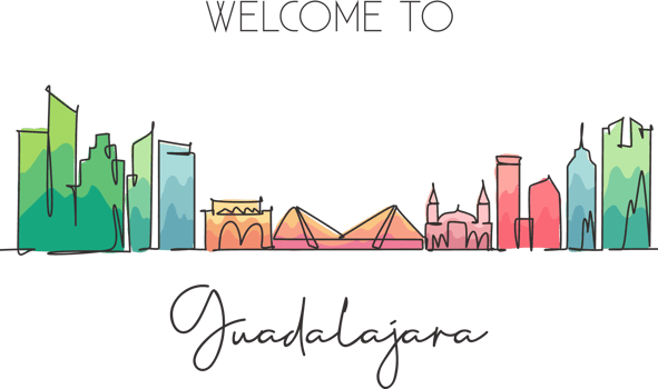 One continuous line drawing Guadalajara city skyline, Mexico. Beautiful landmark postcard. World landscape tourism travel vacation. Editable stylish stroke single line draw design vector illustration png
