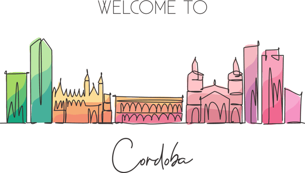 Single continuous line drawing of Cordoba city skyline, Argentina. Famous city scraper landscape postcard print art. World travel destination concept. Modern one line draw design vector illustration png