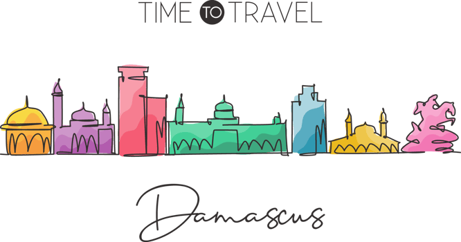 One single line drawing of Damascus city skyline, Syria. Historical town landscape home wall decor art poster print. Best holiday destination. Trendy continuous line draw design vector illustration png