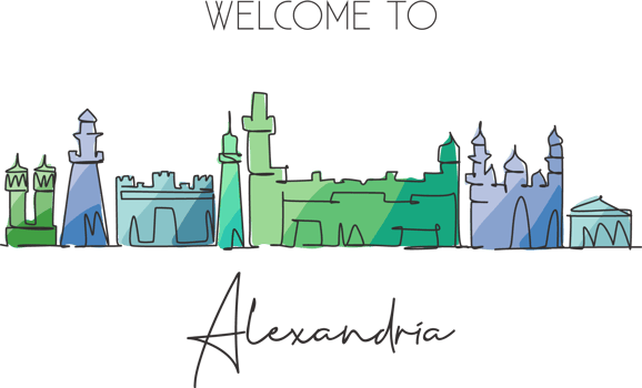 One continuous line drawing of Alexandria city skyline, Egypt. Beautiful city landmark. World landscape tourism and travel vacation. Editable stylish stroke single line draw design vector illustration png