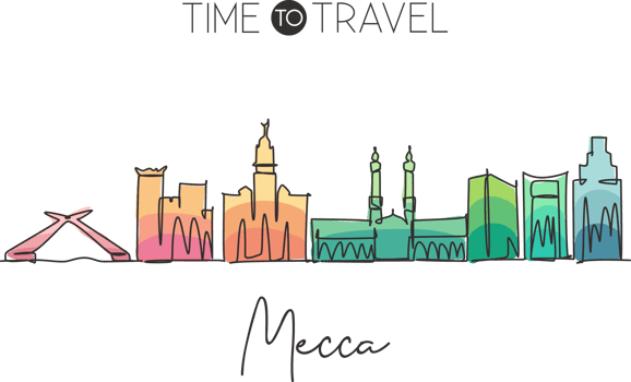 Single continuous line drawing of Mecca holy city skyline, Saudi Arabia. Famous city scraper landscape. World travel home decor wall art poster print. Modern one line draw design vector illustration png