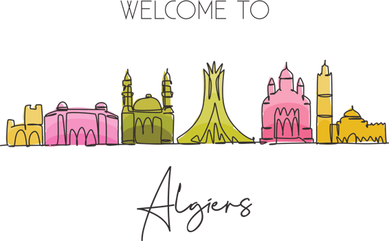 One continuous line drawing of Algiers city skyline, Algeria. Beautiful landmark postcard. World landscape tourism travel vacation. Editable stylish stroke single line draw design vector illustration png