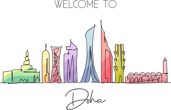 Single continuous line drawing of Doha city skyline, Qatar. Famous city scraper and landscape home wall decor poster print art. World travel concept. Modern one line draw design vector illustration png