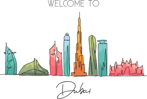 One continuous line drawing of Dubai city skyline United Arab Emirates. Beautiful city landmark. World landscape tourism and travel. Editable stylish stroke single line draw design vector illustration png
