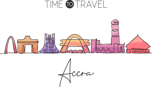 One continuous line drawing Accra city skyline, Ghana. Beautiful landmark. World landscape tourism travel vacation postcard print. Editable stylish stroke single line draw design vector illustration png