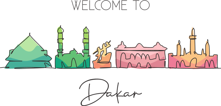 Single continuous line drawing Dakar city skyline, Senegal. Famous city scraper and landscape postcard print art. World travel concept. Editable stroke modern one line draw design vector illustration png