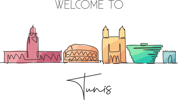 Single continuous line drawing of Tunis city skyline, Tunisia. Famous city scraper and landscape home wall decor print poster art. World travel concept. Modern one line draw design vector illustration png