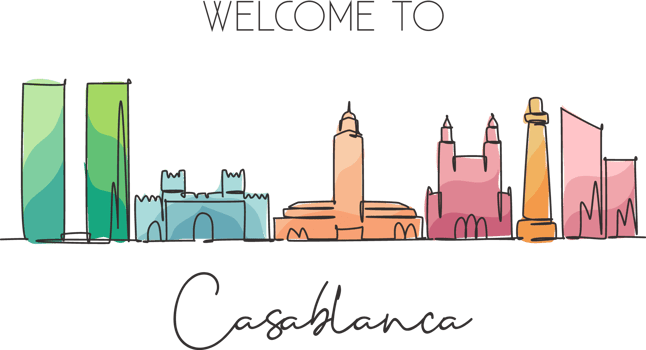 One continuous line drawing of Casablanca city skyline, Morocco. Beautiful landmark wall decor poster. World landscape tourism and travel vacation. Stylish single line draw design vector illustration png
