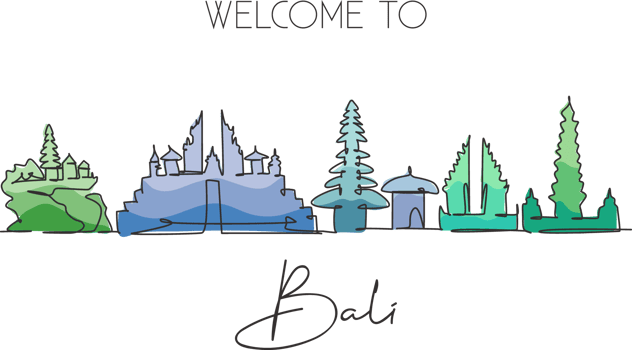 One continuous line drawing of Bali city skyline, Indonesia. Beautiful landmark. World landscape tourism travel vacation poster art. Editable stylish stroke single line draw design vector illustration png