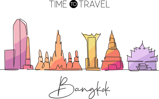 One single line drawing of Bangkok city skyline, Thailand. Historical town landscape. Best holiday destination home decor wall art poster print. Trendy continuous line draw design vector illustration png