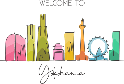 One continuous line drawing of Yokohama city skyline, Japan. Beautiful landmark. World landscape tourism and travel vacation poster. Editable stylish stroke single line draw design vector illustration png