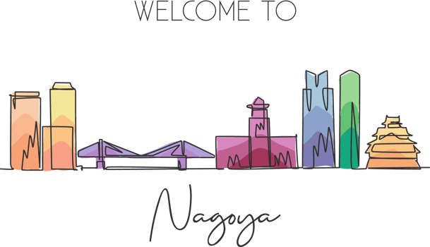 One single line drawing of Nagoya city skyline, Japan. Historical town landscape in the world. Best holiday destination poster. Editable stroke trendy continuous line draw design vector illustration png