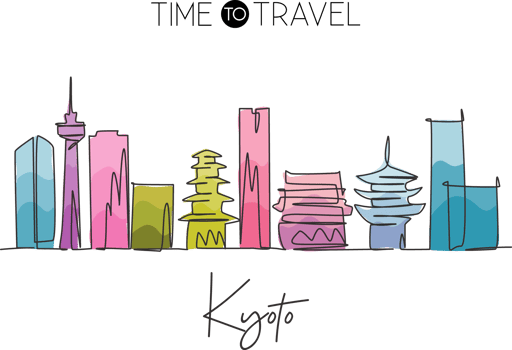 One continuous line drawing Kyoto city skyline, Japan. Beautiful landmark. World landscape tourism and travel vacation poster art. Editable stylish stroke single line draw design vector illustration png