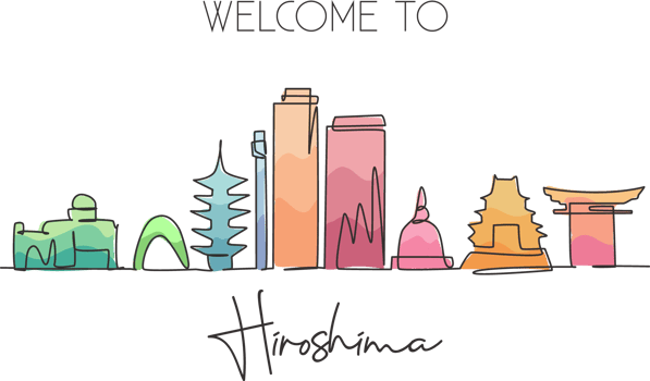One continuous line drawing Hiroshima city skyline, Japan. Beautiful landmark. World landscape tourism travel vacation poster art. Editable stylish stroke single line draw design vector illustration png